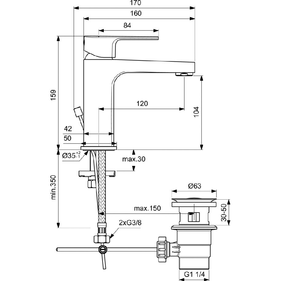 Смесител за умивалник IDEALSTANDARD ESLA BC224AA, стоящ, с изпразнител, хром