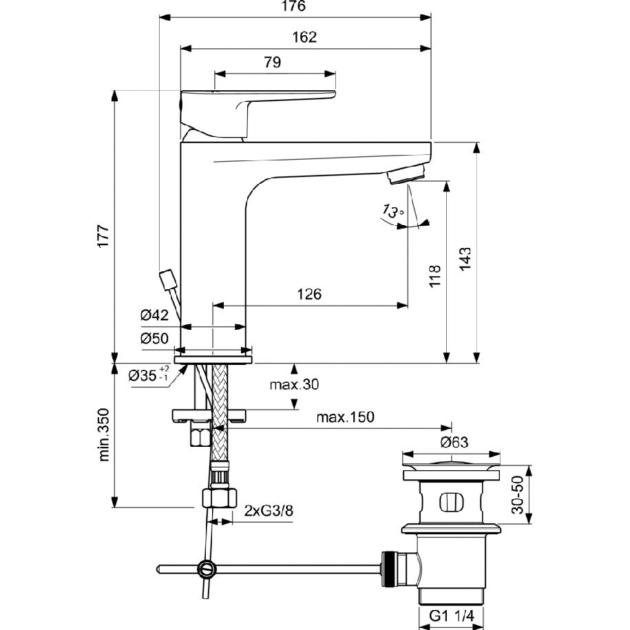 Ideal Standard Tyria BC159AA Basin Mixer Tap, Deck-Mounted, Chrome, with Pop-Up Waste