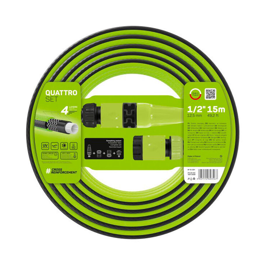 CELLFAST 10-091 QUATTRO Garden Hose Set 15 m 1/2" with Connectors and Spray Nozzle
