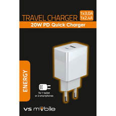 ЗАРЯДНО ОТ ЕЛ. МРЕЖА VSMOBILE 220V, 20W, PD USB-C+USB-A БЯЛО ЗАРЯДНО ОТ ЕЛ. МРЕЖА VSMOBILE 220V, 20W, PD USB-C+USB-A БЯЛО