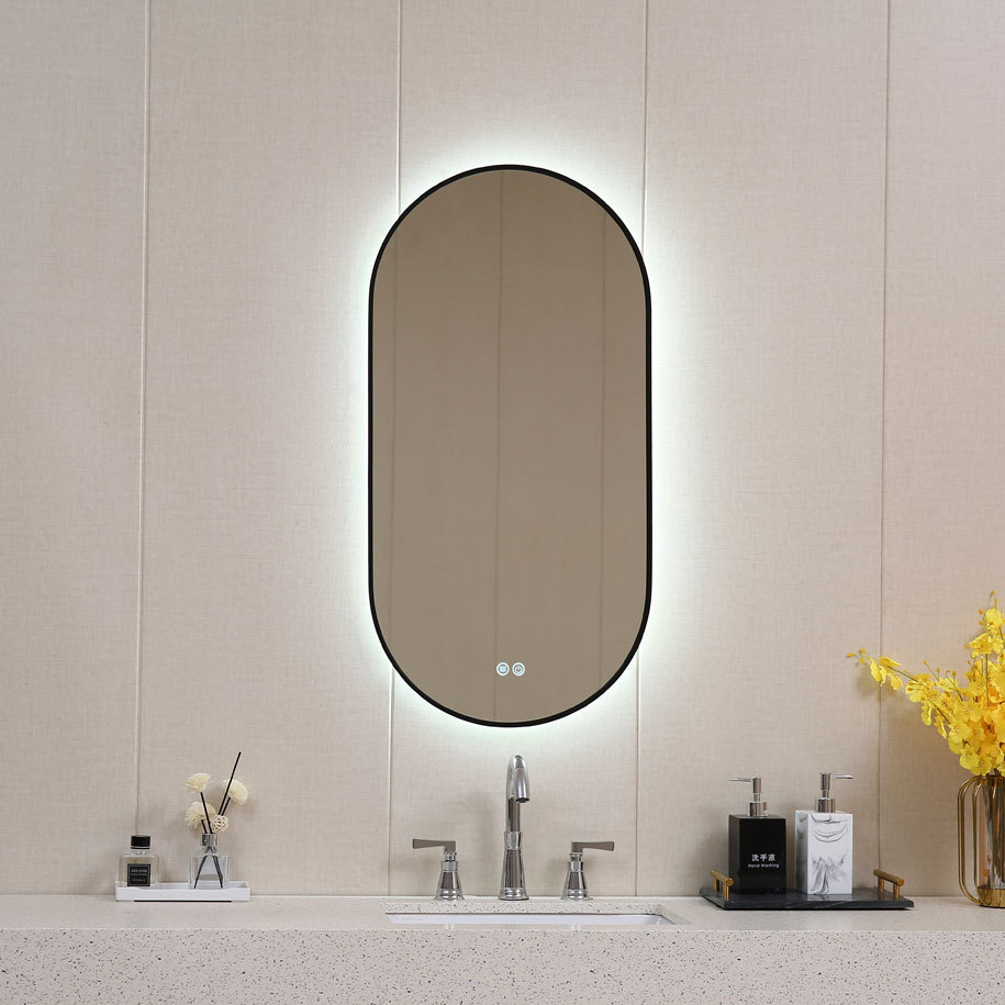 LED огледало за баня 45х90 см INTER CERAMIC ВАЯНА ICL 1850/45, черна алуминиева рамка, Antifog