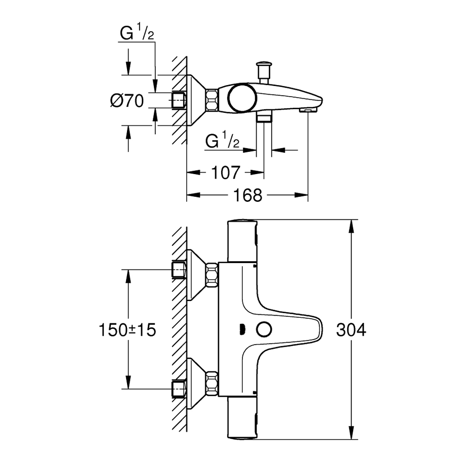 Термостатен смесител за вана и душ GROHE Precision Start, стенен, матово черно
