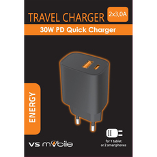 ЗАРЯДНО ОТ ЕЛ. МРЕЖА VSMOBILE 220V 30W PD USB-A+USB-C BLACK ЗАРЯДНО ОТ ЕЛ. МРЕЖА VSMOBILE 220V 30W PD USB-A+USB-C BLACK