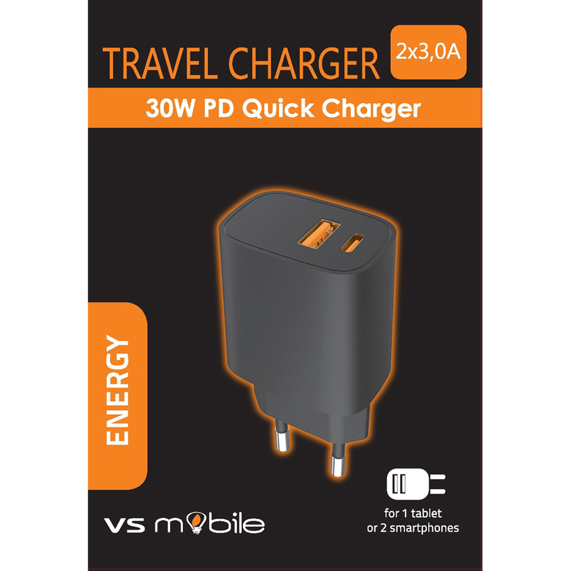 *ЗАРЯДНО 220V VSMOBILE 30W PD USB-A+C BK *ЗАРЯДНО 220V VSMOBILE 30W PD USB-A+C BK