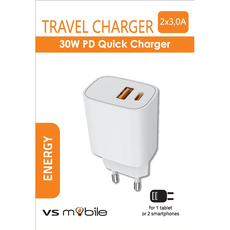 ЗАРЯДНО ОТ ЕЛ. МРЕЖА VSMOBILE 220V 30W PD USB-A+USB-C WHITE ЗАРЯДНО ОТ ЕЛ. МРЕЖА VSMOBILE 220V 30W PD USB-A+USB-C WHITE