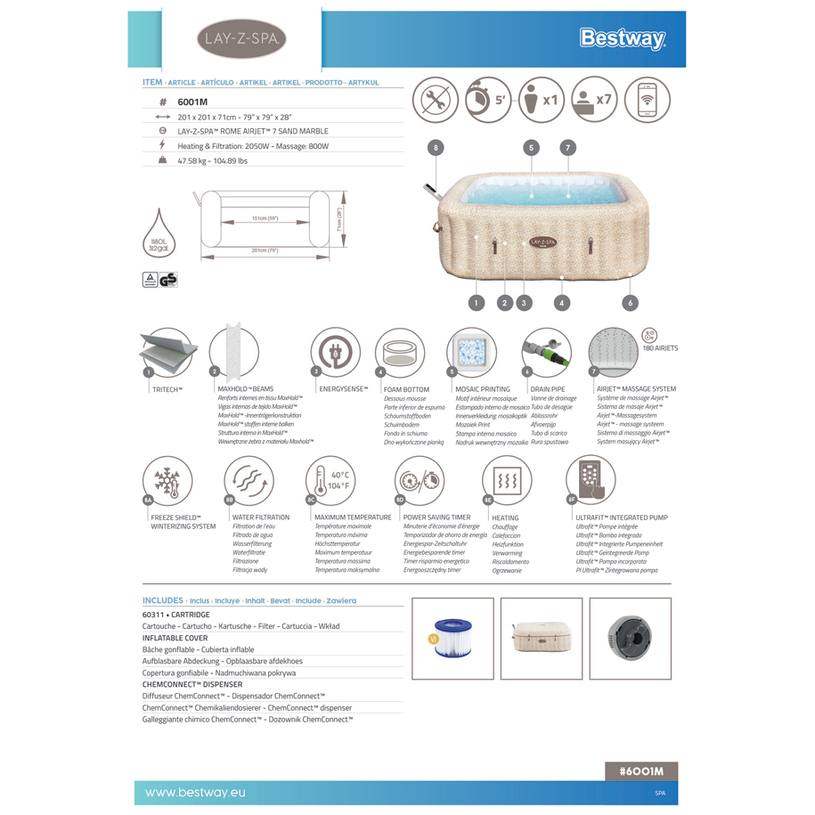 СПА ДЖАКУЗИ ROME 201X71CM BESTWAY 6001M СПА ДЖАКУЗИ ROME 201X71CM BESTWAY 6001M