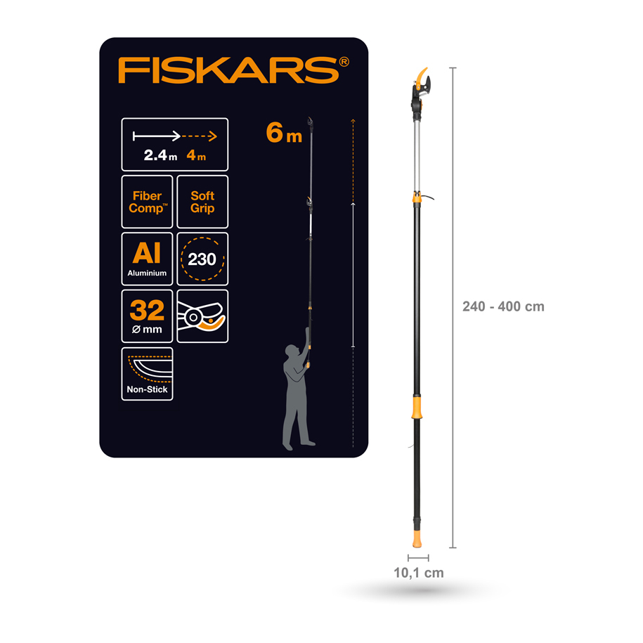 Telescopic 2.4–4 m shaft for about 6 m of reach
