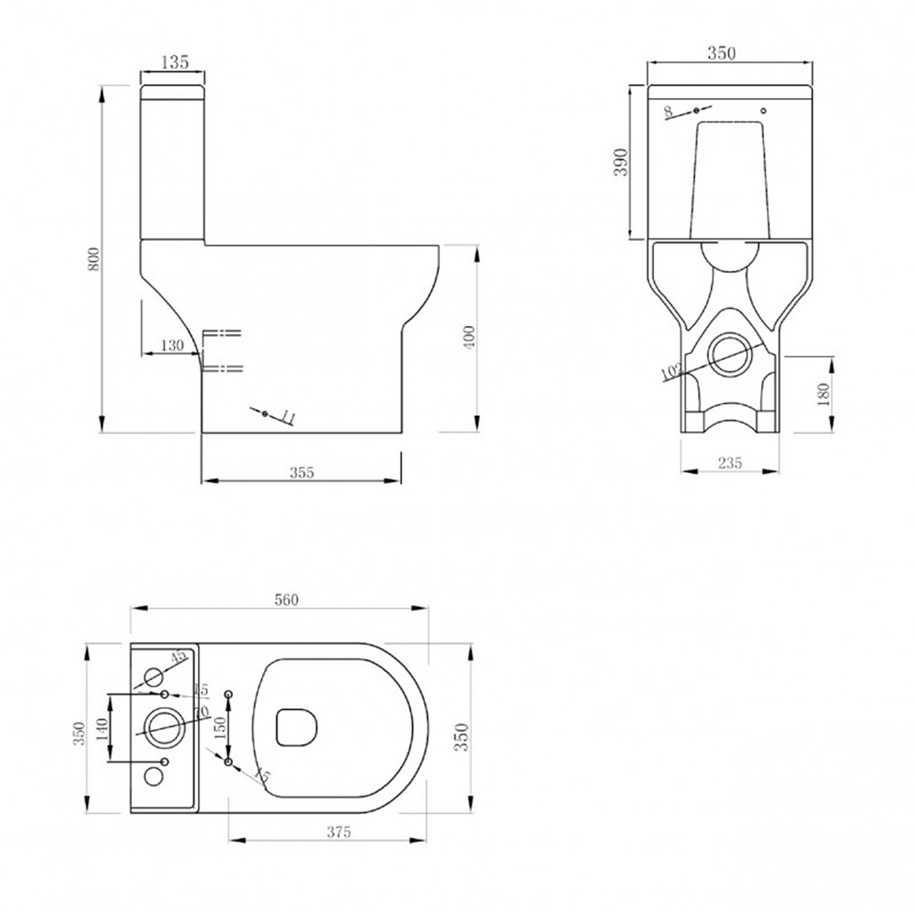 Compact 560 mm projection for small bathrooms