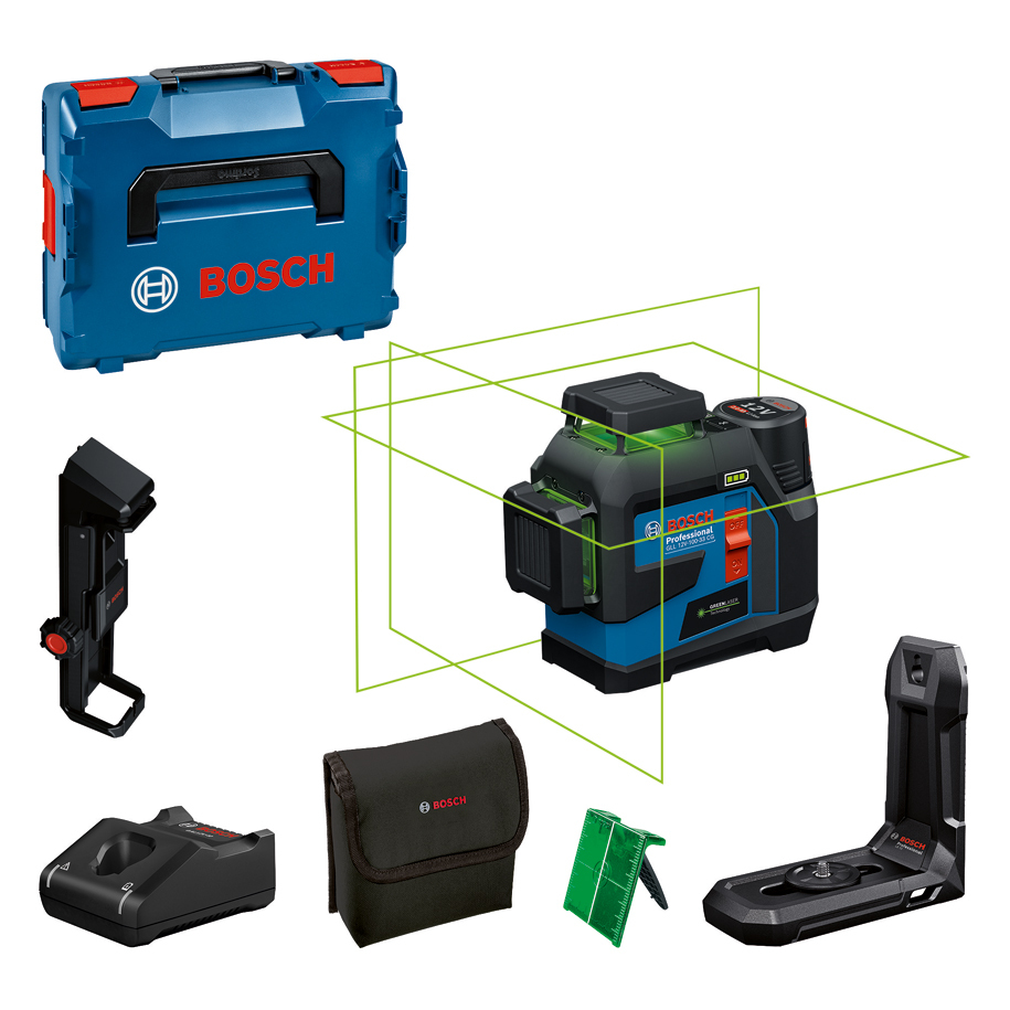Лазерен нивелир Bosch Professional GLL 12V-100-33 CG, зелен лазер, 3x360°, IP65, в L-BOXX с акумулатор и зарядно