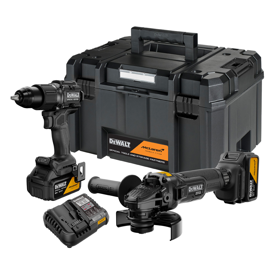 Акумулаторен безчетков комплект DEWALT DCK2223MP2T-QW 18 V: ударна бормашина DCD86M и ъглошлайф DCG45M, 2 батерии 5,0 Ah, куфар